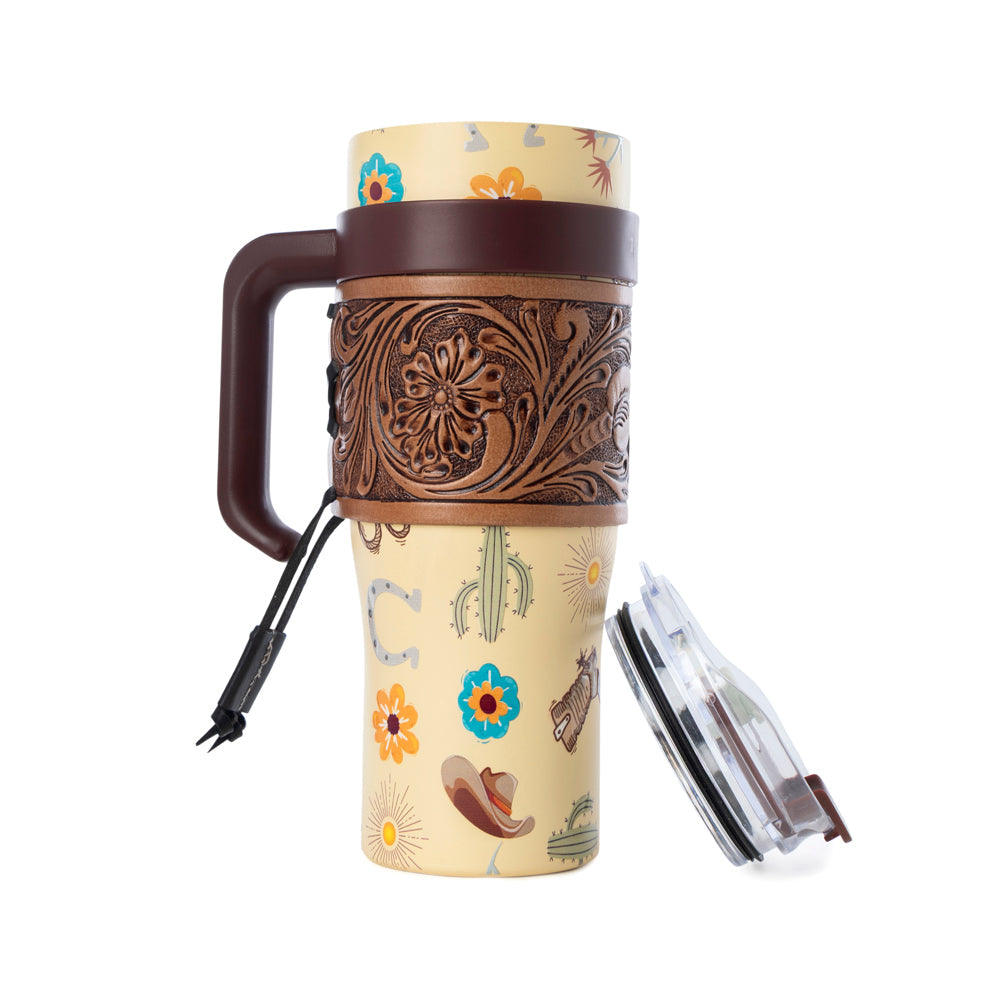 Myra Trailkissed Western Tumbler in Yellow Stainless Steel with Leather Wrap and Handle for Everyday Use