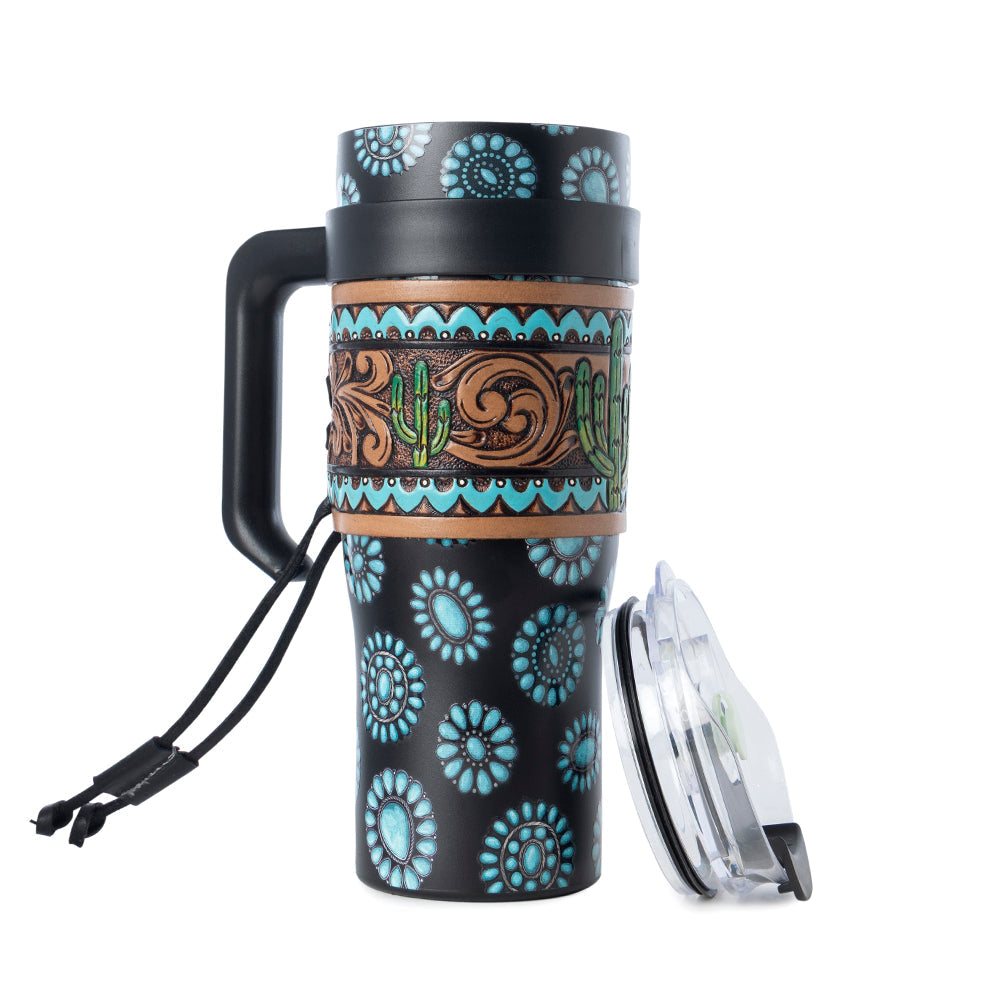 Myra Concho Crest Western Tooled Tumbler in Black Stainless Steel with Leather Wrap and Handle